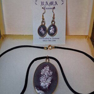 925 Encased Enamel Floral Earrings & Necklace Set by RAMA Enamels of Vermont